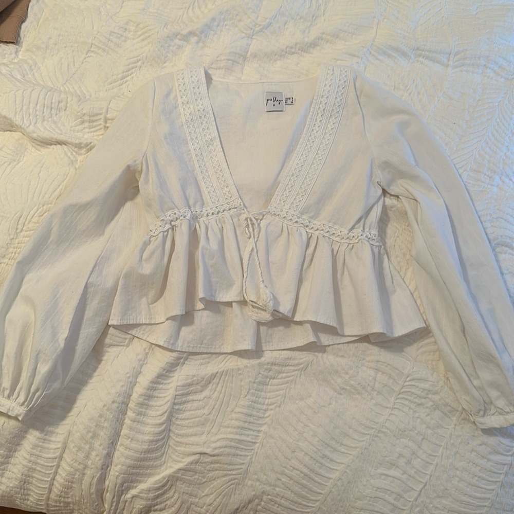 Princess Polly: white long sleeve blouse with tassel tie, size US 4